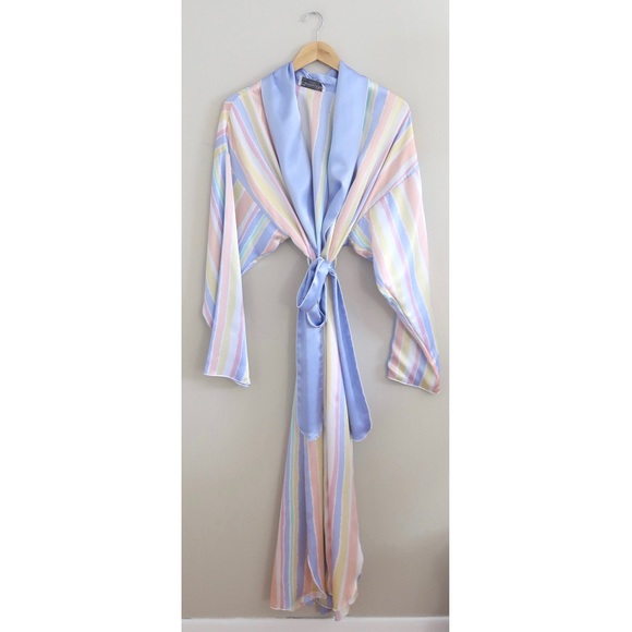 Dior Other - Vintage Christian Dior Pastel Striped Satin Robe | 70s 80s Lingerie Lounge Maxi